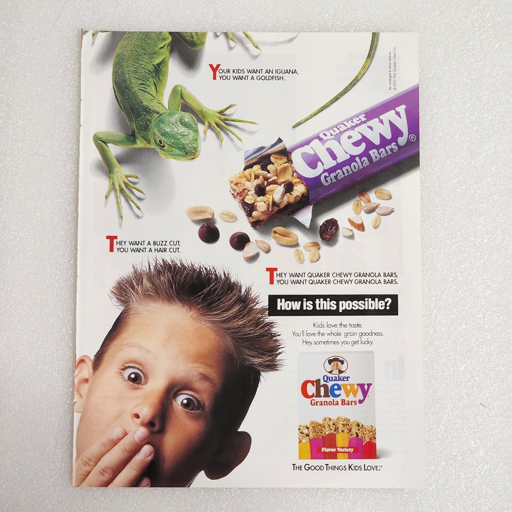 Vintage Print Ad Quaker Chewy Granola Bars Iguana lizard boy buzz cut 8x10 1993